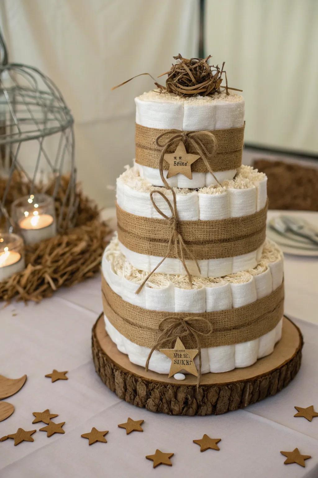 Embrace rustic elegance with this charming cowboy diaper cake adorned in burlap chic.