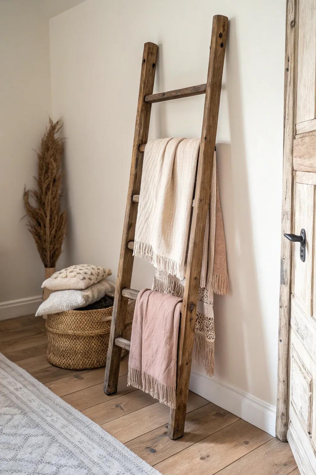 A reclaimed ladder blanket rack adds cozy rustic charm—and keeps throws beautifully organized.