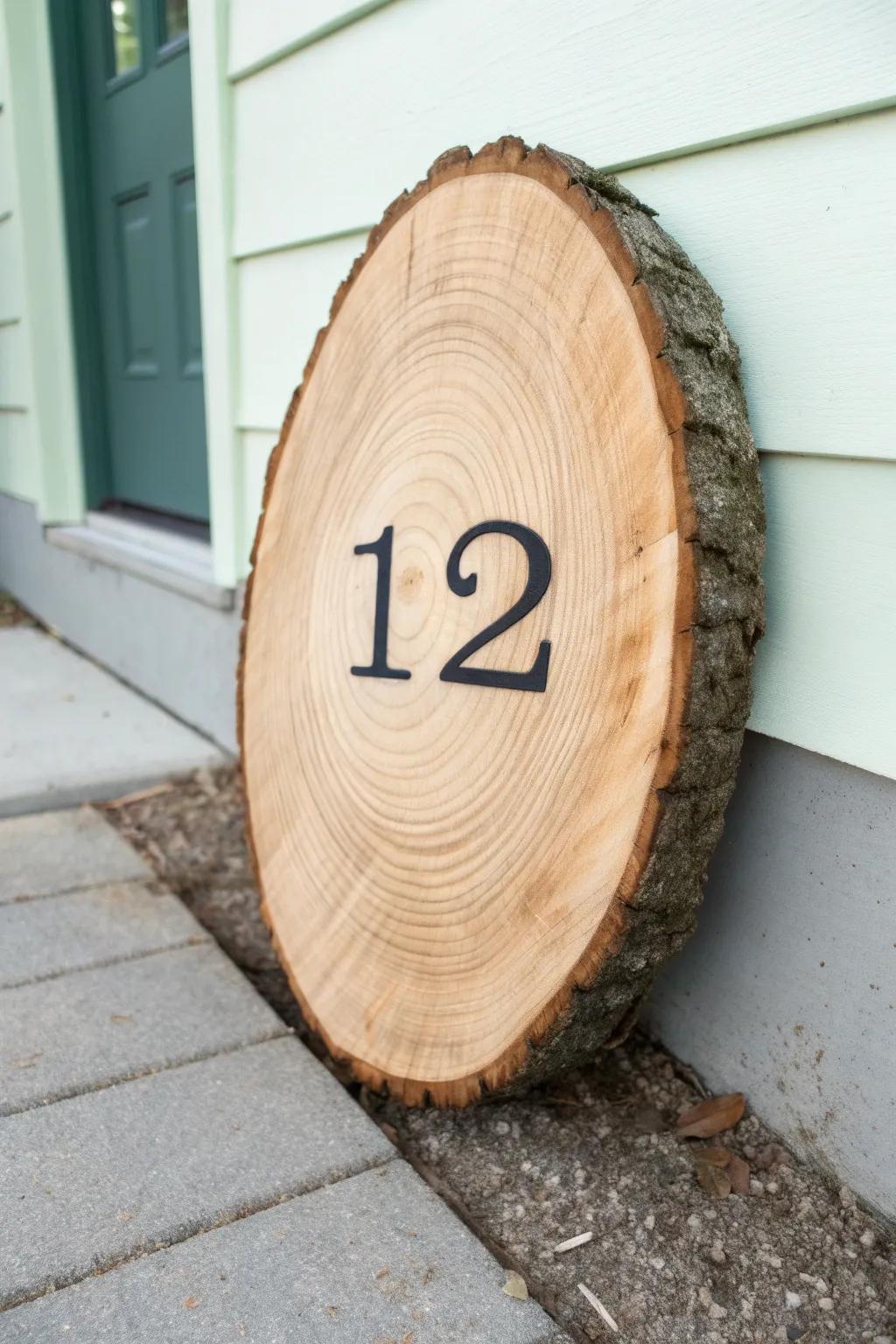 Bold, natural wood slice house number plaque—simple Scandinavian style with beautiful grain.