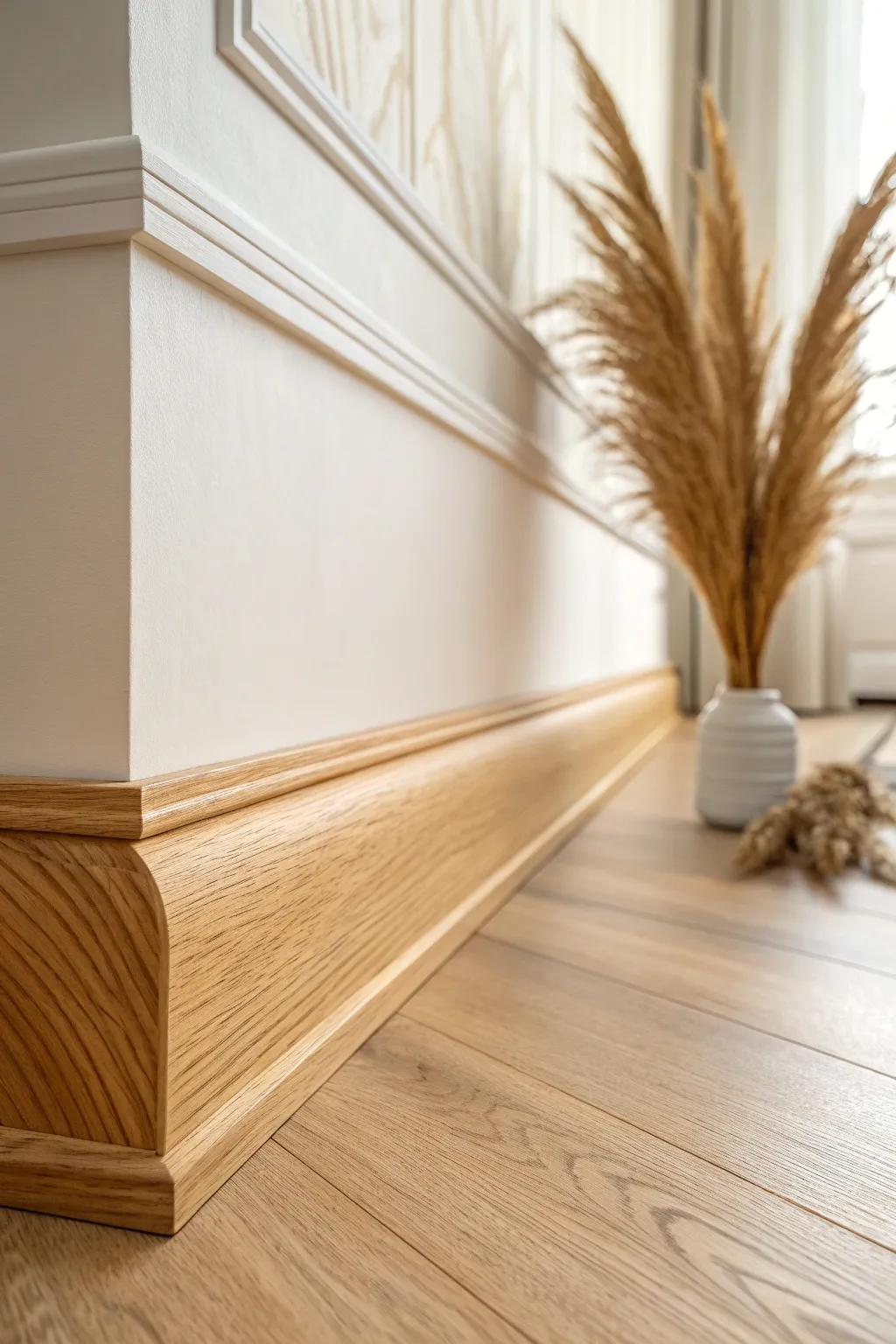 Flexible baseboard trim hugs curved walls for a smooth, seamless, handcrafted finish.