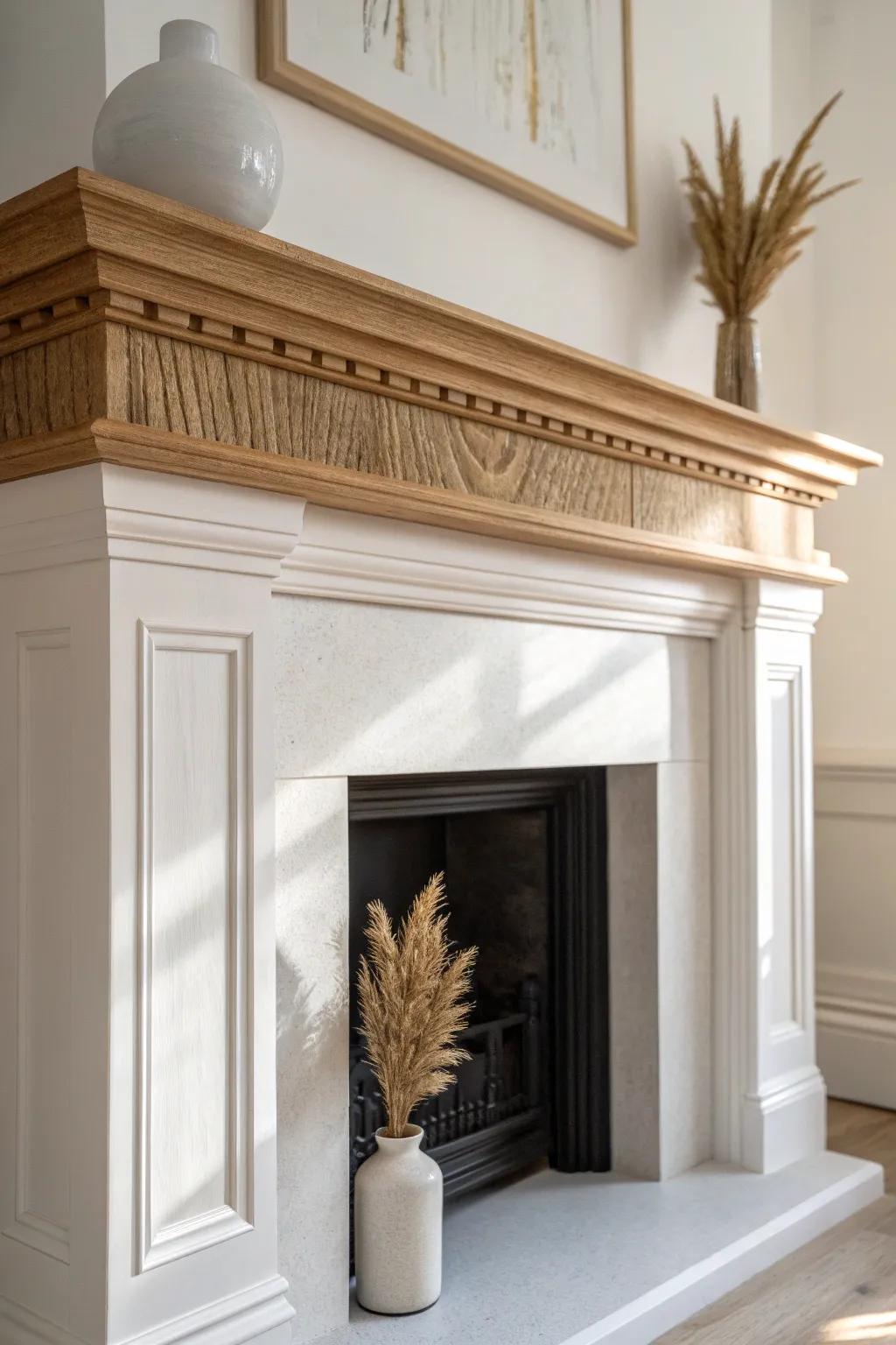 Crown moulding carried across the fireplace wall for a seamless, handcrafted finish.