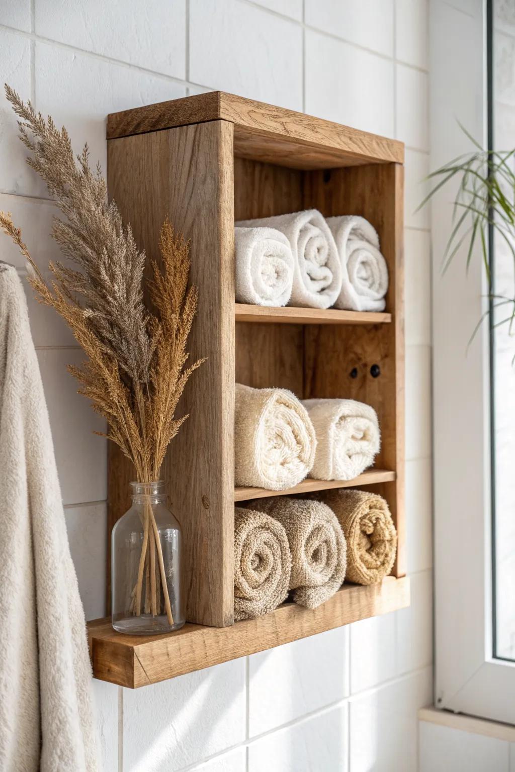 Spa-like cubby styling: rolled linen towels in a warm oak niche for soft, minimal layers.