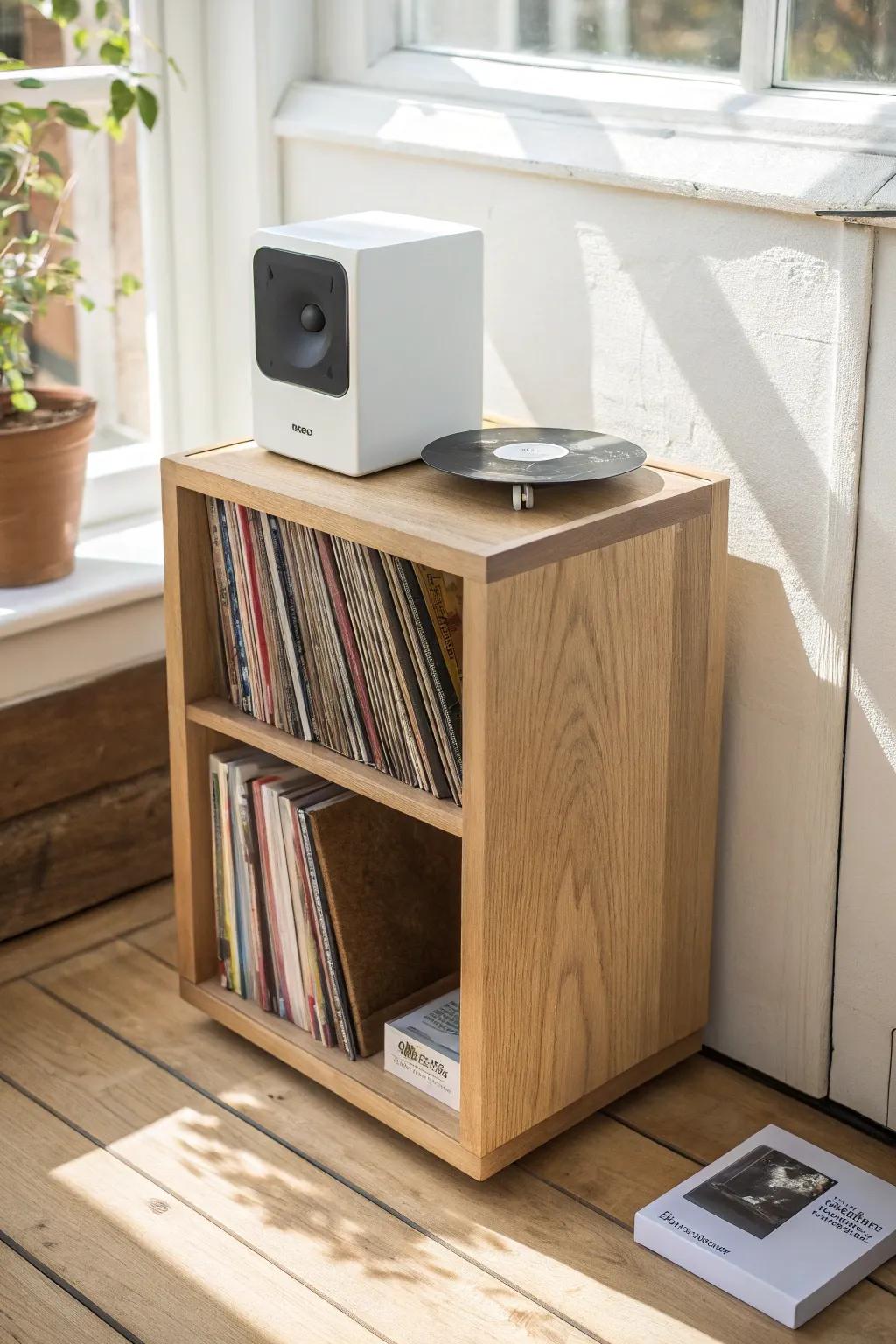 Light oak cube shelf vinyl station—sorted records, clean lines, and a simple speaker top.