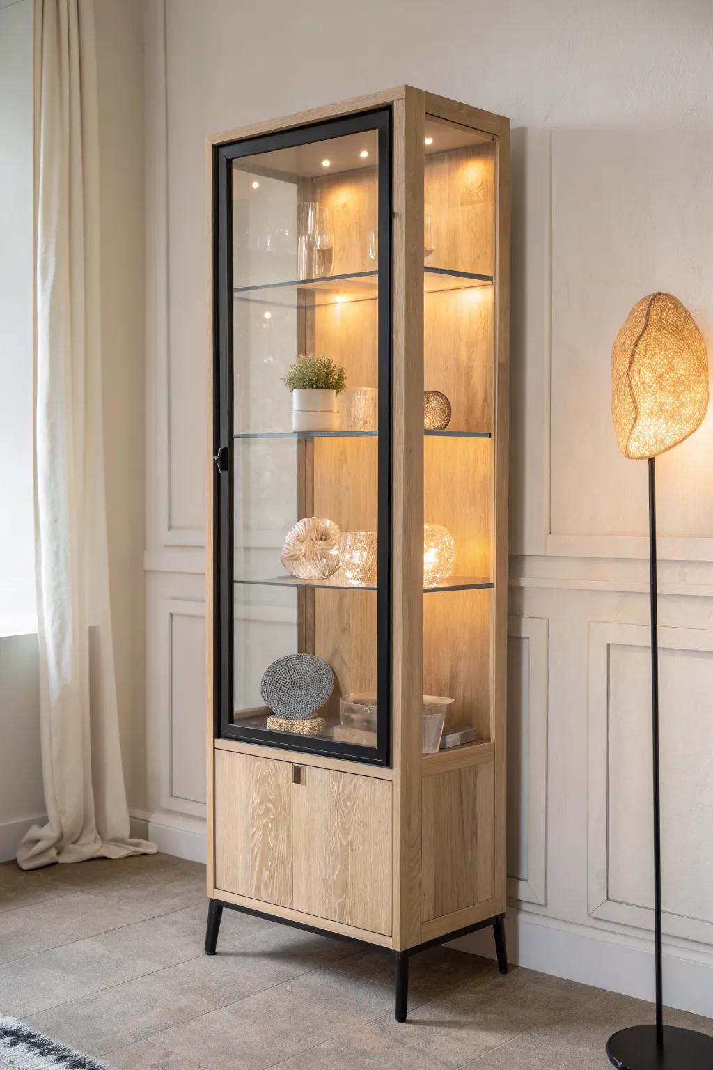 A softly backlit oak cabinet turns crystals and glass into a warm, glowing nighttime display.