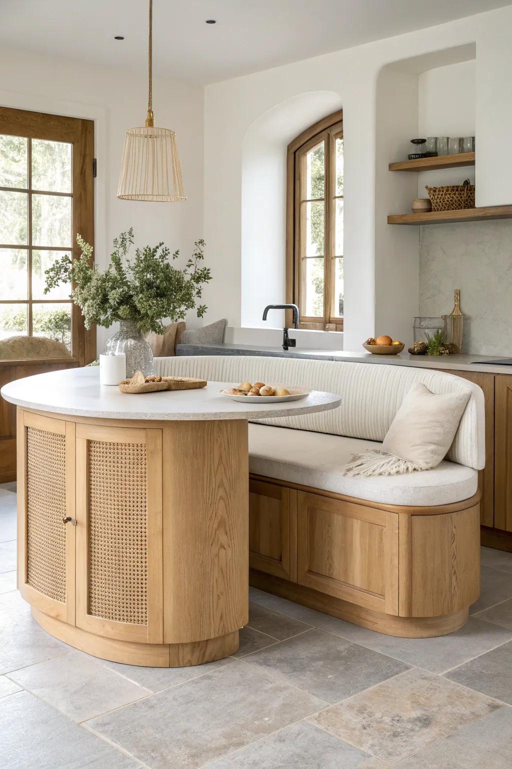 A curved oak island with a built-in banquette nook—cozy seating without the bulky booth look.
