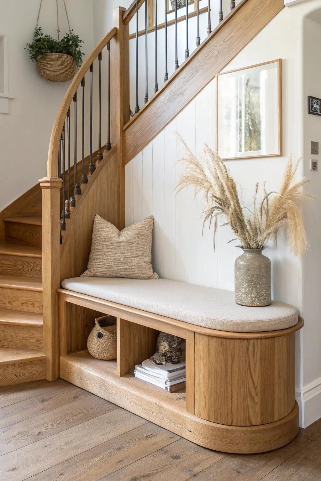 A curved-front oak nook turns the space under a staircase into the coziest corner.