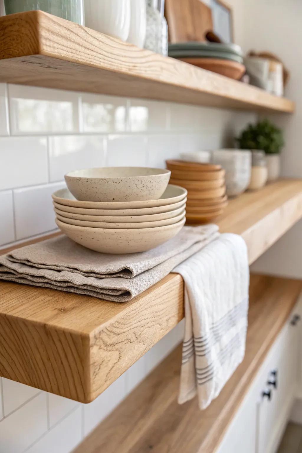 A thick-edge oak shelf makes this kitchen nook feel intentional, sturdy, and beautifully lived-in.