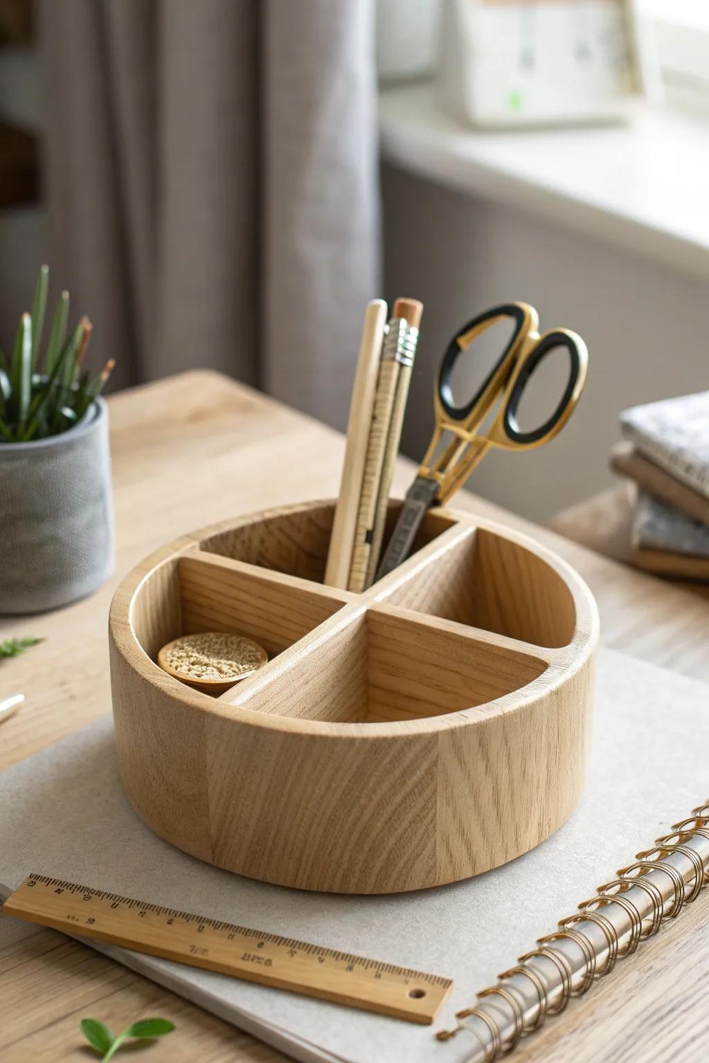 Spin, grab, and stay tidy—this cute wooden caddy keeps everyday desk tools within reach.