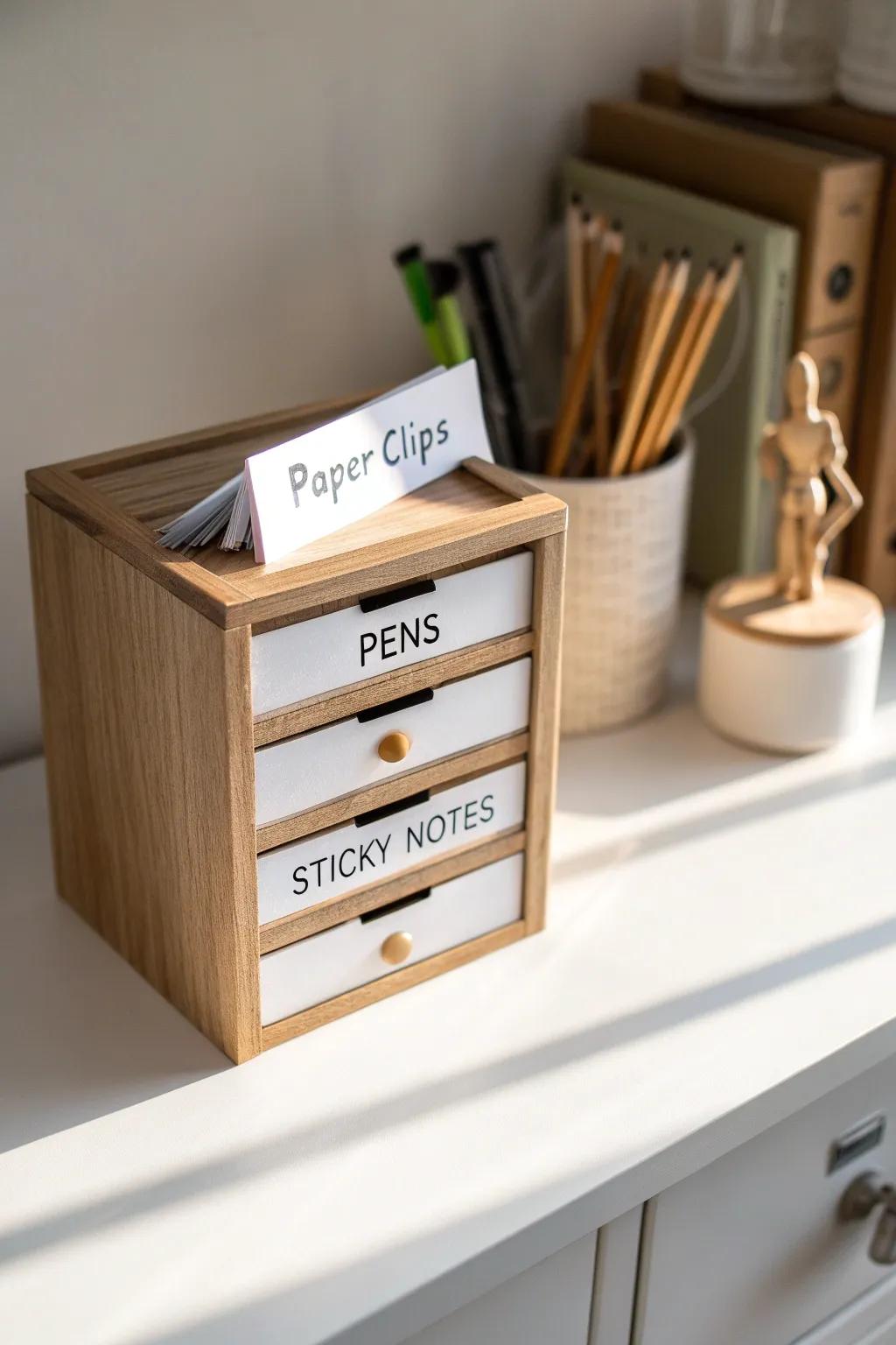 DIY teacher toolbox: minimalist wooden drawers with clean labels to tame desk clutter.