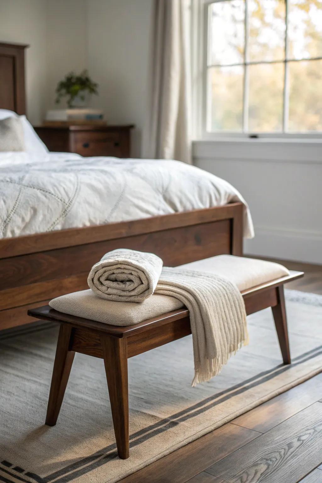 A dark walnut bench at the foot of the bed adds hotel polish and a spot for cozy throws.