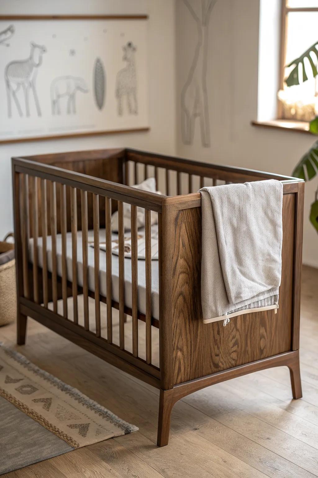 Dark walnut crib with calm safari neutrals—sand, clay, and soft gray for a modern nursery.