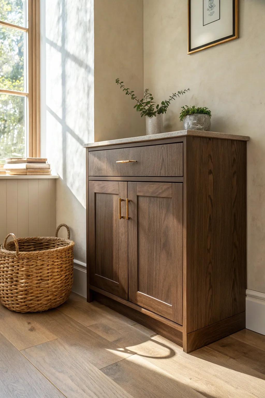 Soft off-white walls brighten dark cabinets—warm, forgiving contrast with timeless calm.
