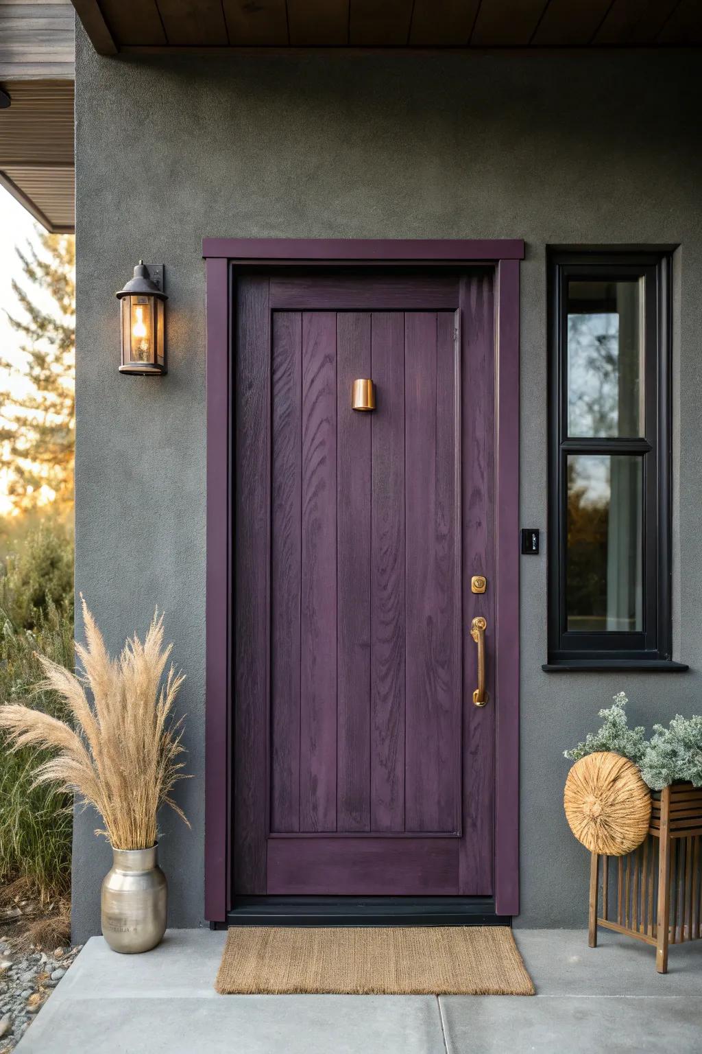 Deep eggplant front door on dark gray—moody, refined, and glowing under warm porch light.