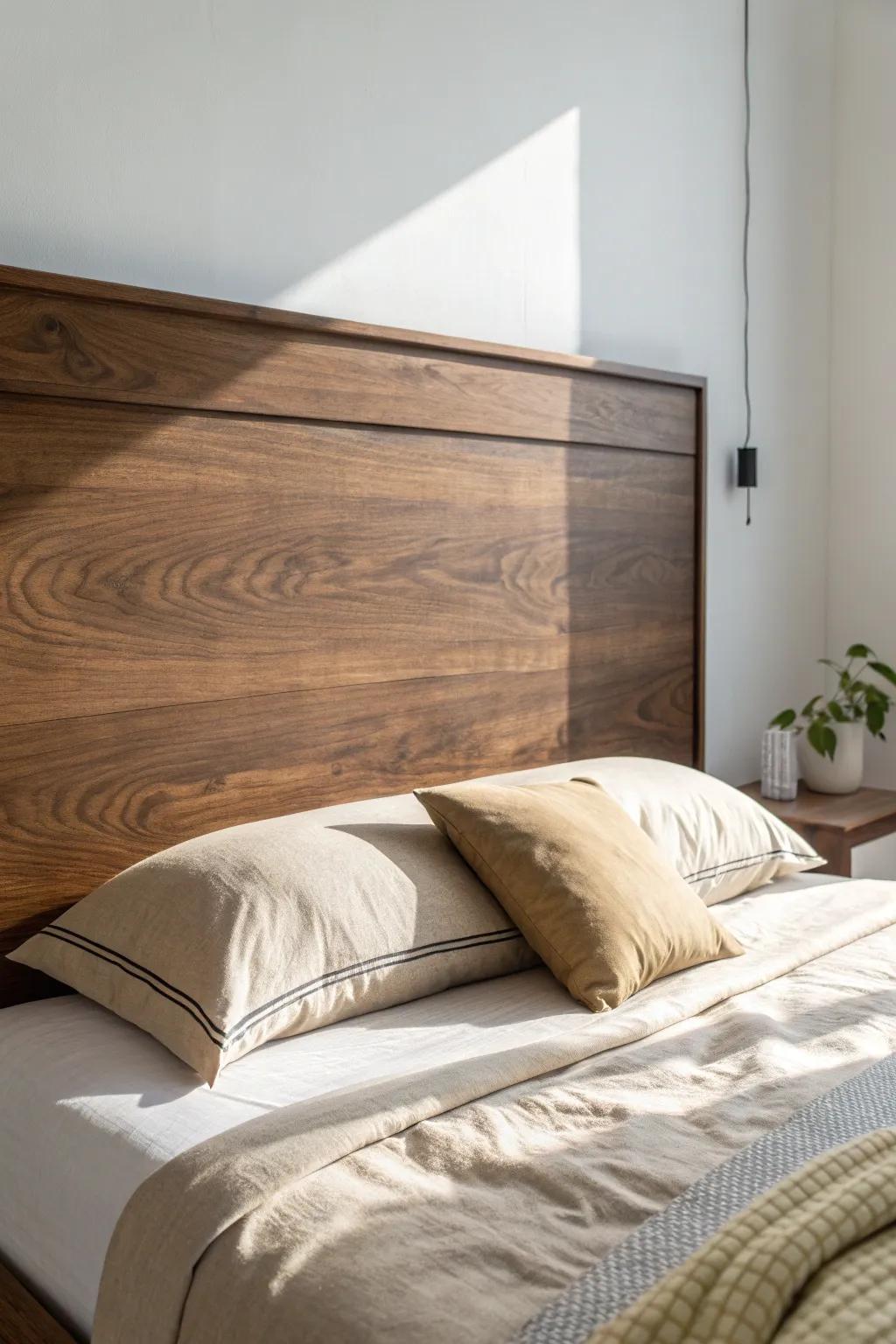 Floating dark walnut headboard with a crisp shadow gap—airy, minimalist, and luxe.