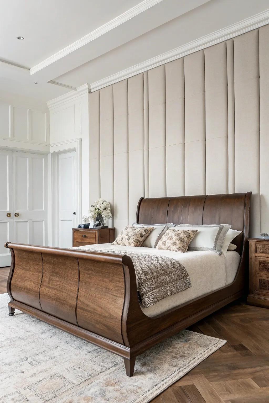 Add a wide upholstered panel behind a dark wood sleigh bed for instant custom, cozy contrast.