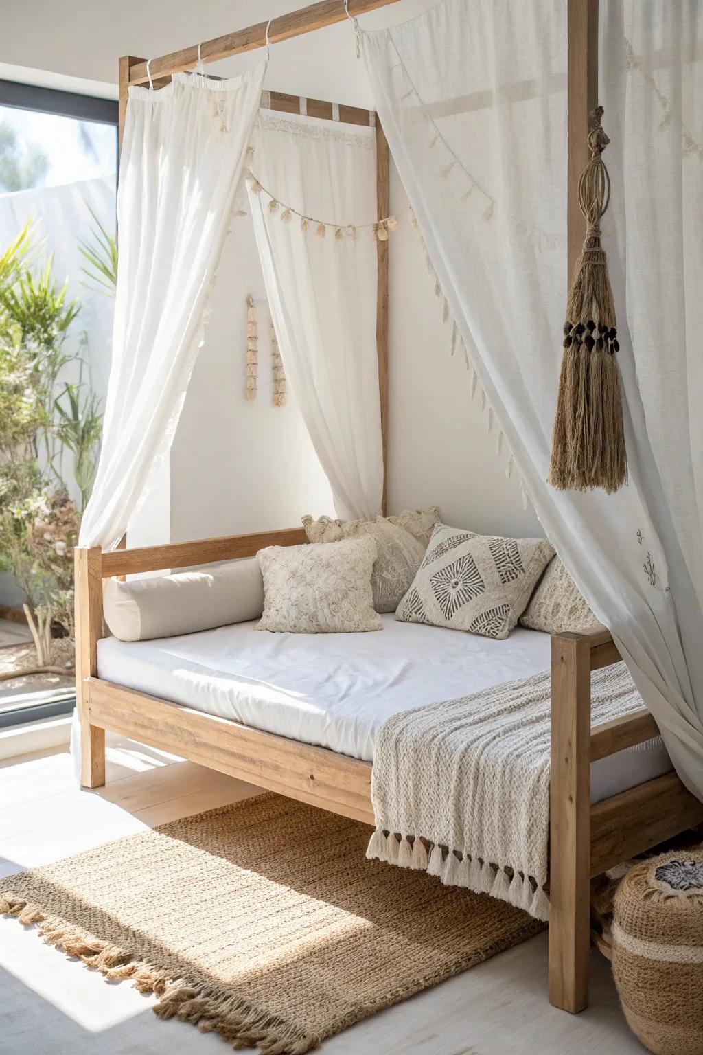 A light linen canopy on a simple wood rail turns your daybed into an instant cozy retreat.