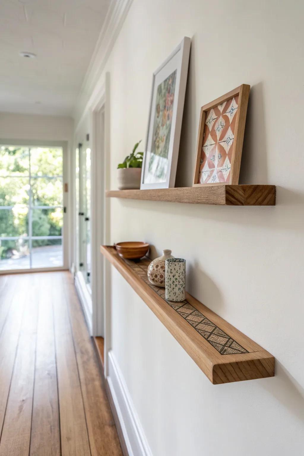 A skinny oak floating shelf adds styling space in a narrow hallway—without stealing walkway room.