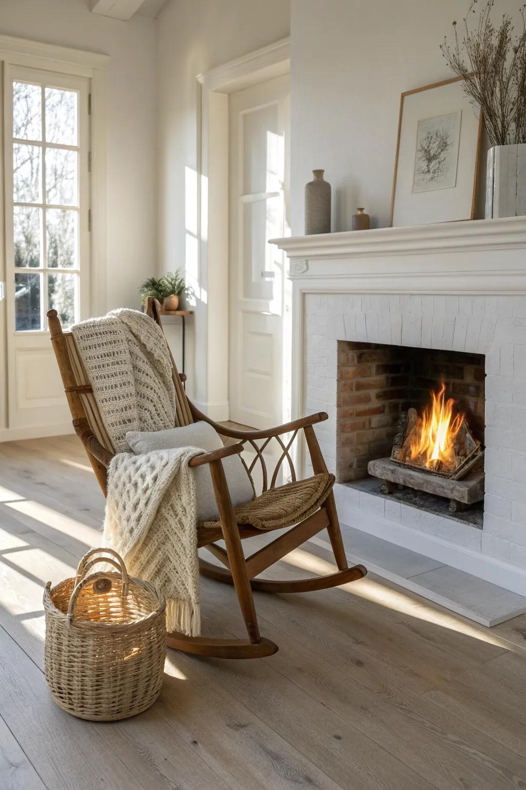 An old rocking chair by the fireplace—instant storybook reading nook with cozy Nordic charm.