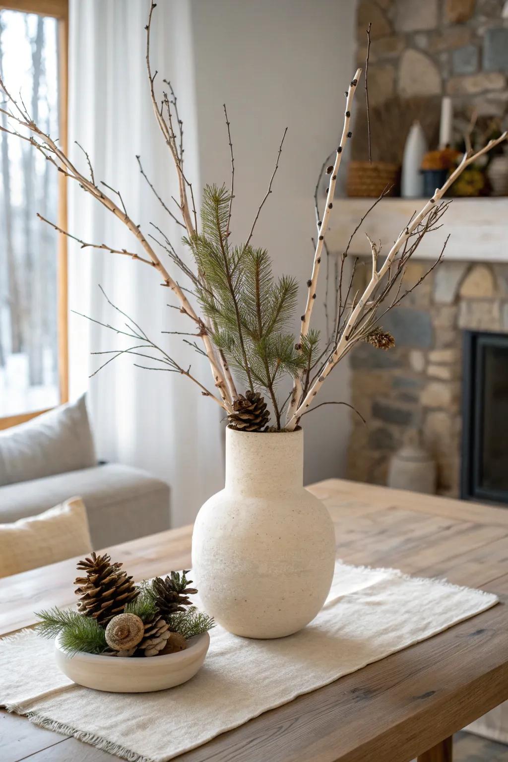 Bring mountain-modern drama indoors with a sculptural branch arrangement in a heavy vase.