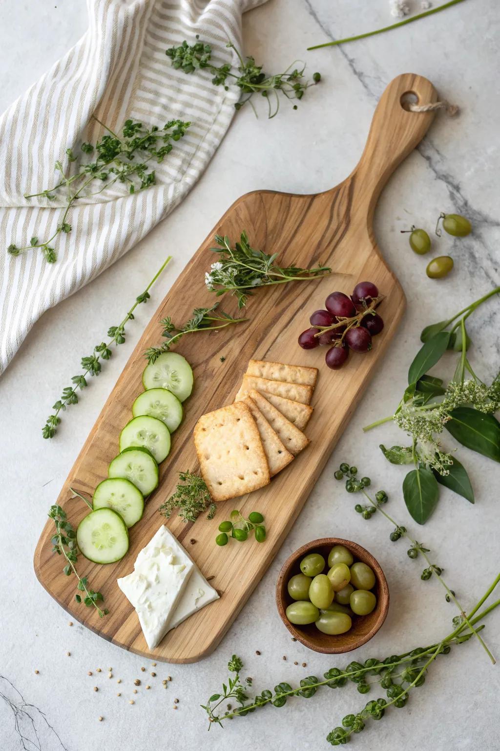 Garden-path charcuterie board with cucumber trails and herb vines—fresh, airy, and elegant.