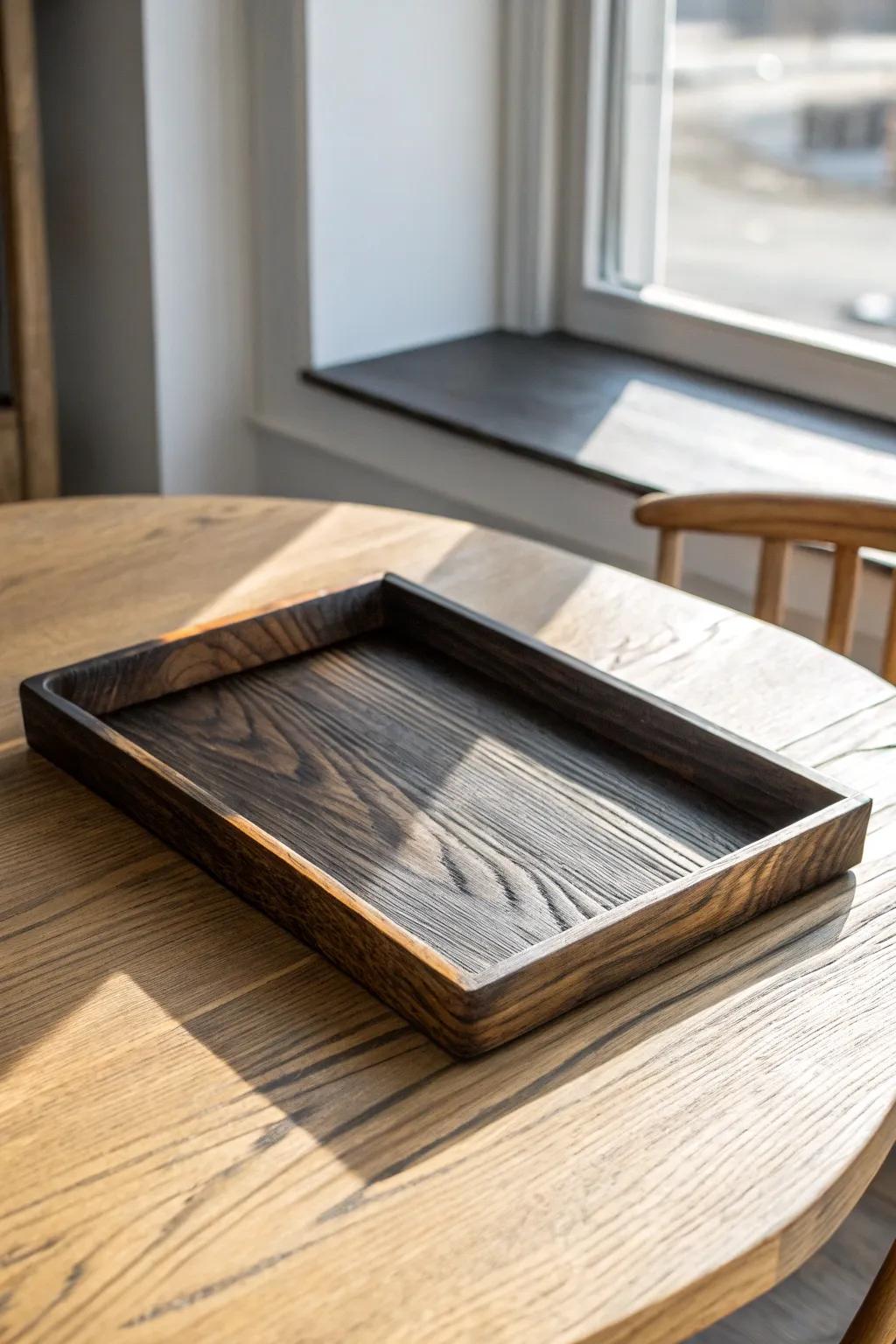 Moody charred wood tray—bold grain and modern rustic contrast for a calm dining table.