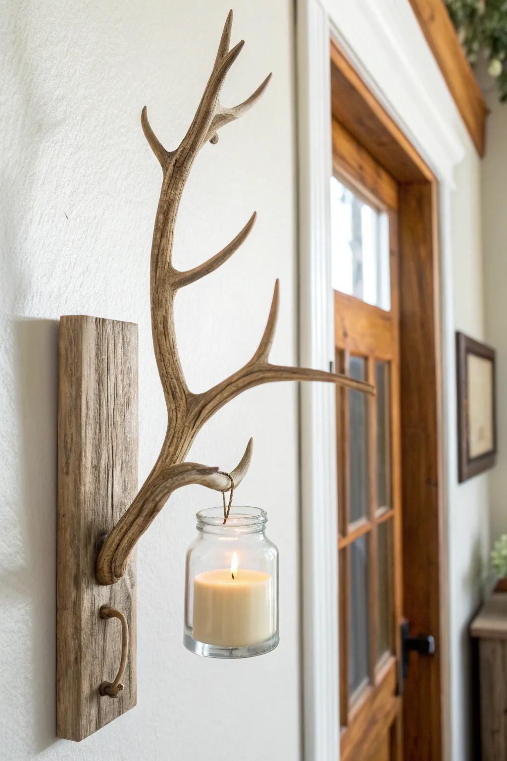 DIY branch candle sconce: rustic forked wood + clean glass jar for modern farmhouse charm.