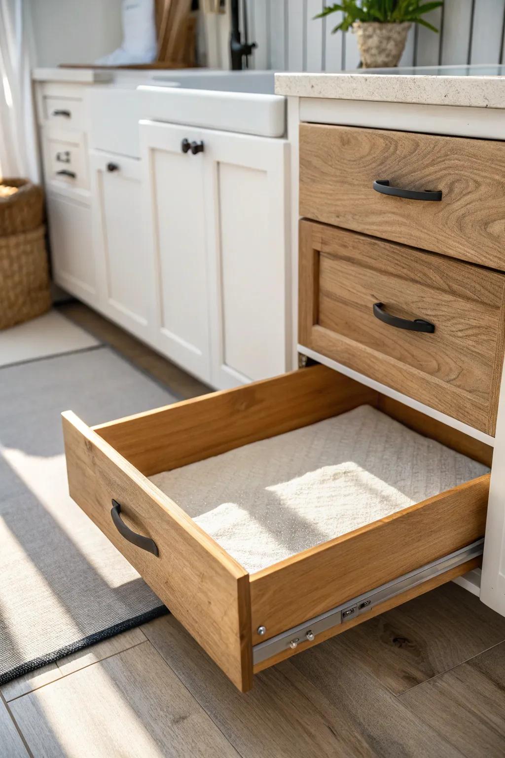 Line every deep RV pantry pull-out with non-slip liner—no more sliding jars on travel days.