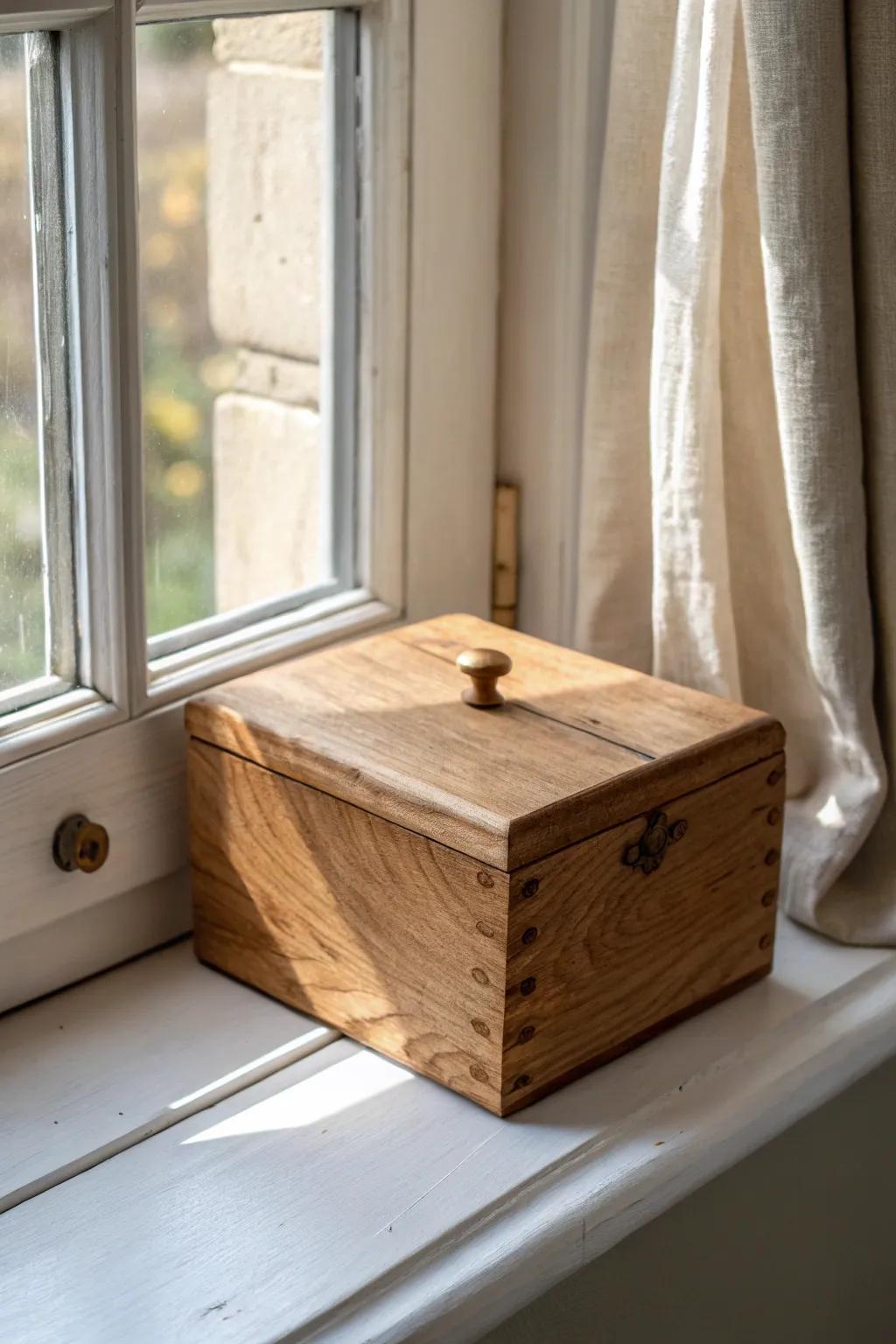 A salvaged-wood lidded box on a deep sill—my 5‑minute seasonal swap spot all year.