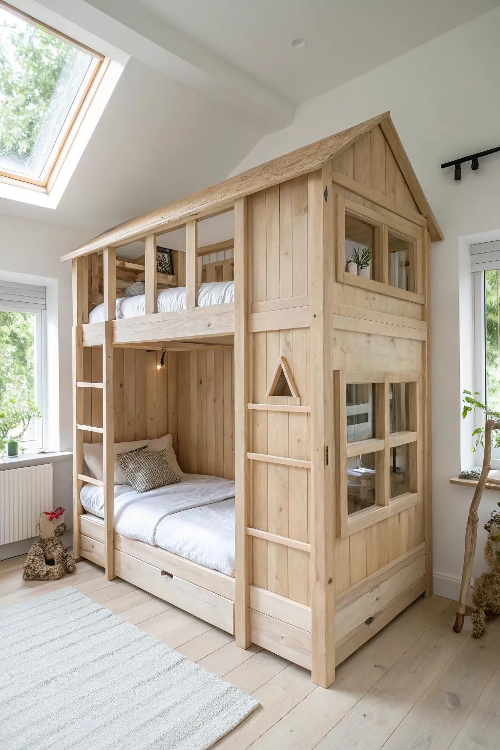 Treehouse bunk with chunky window trim and real-wood joinery—clean Scandinavian cabin vibes.