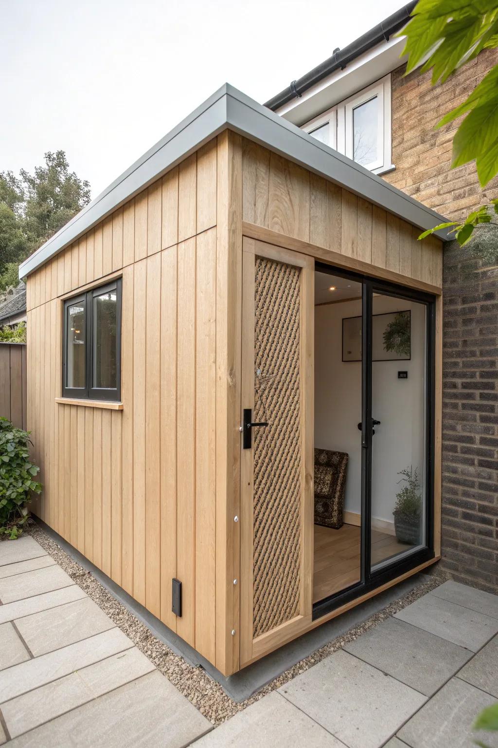 A cozy soundproof booth in the garage—oak frames, linen panels, and crisp, calm acoustics.