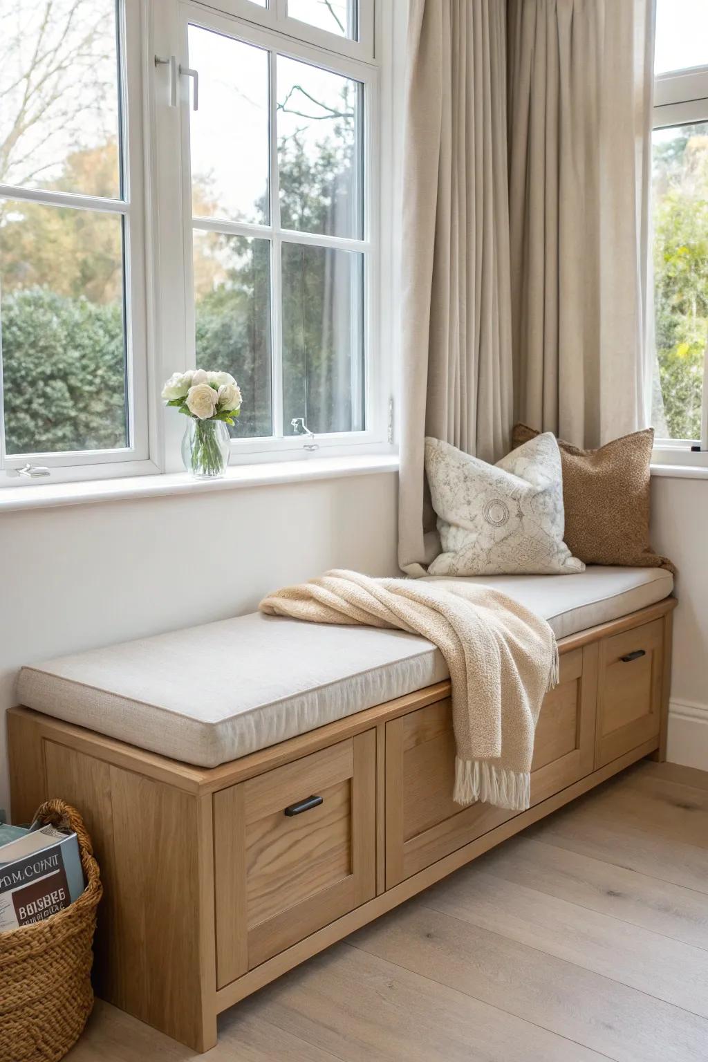 Wraparound window seat with hidden lift-top storage—turn dining space into a cozy retreat.