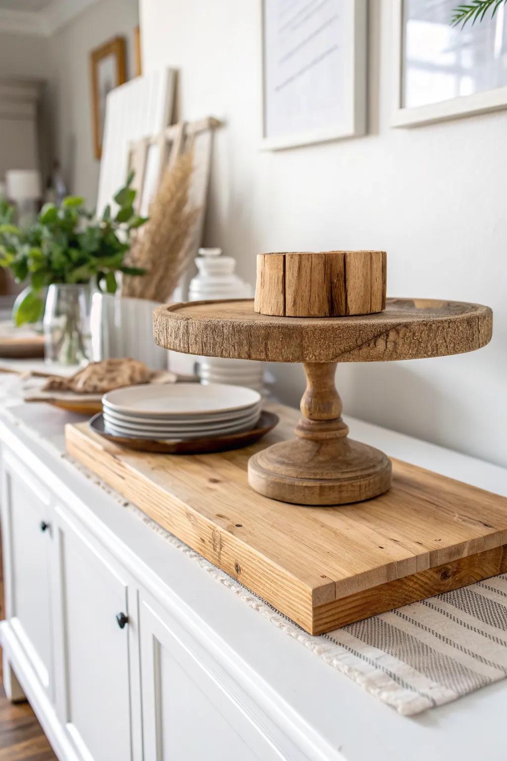 DIY reclaimed-wood riser adds instant height—perfect for styling your dining server.