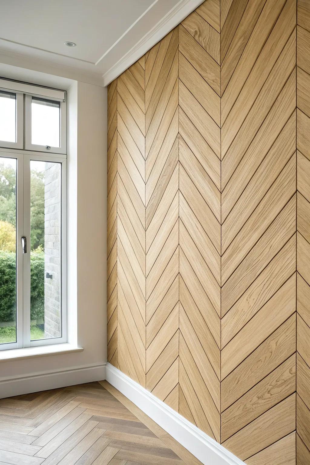 Light oak chevron slats create a bold dining-room feature wall—minimal, warm, and handcrafted.