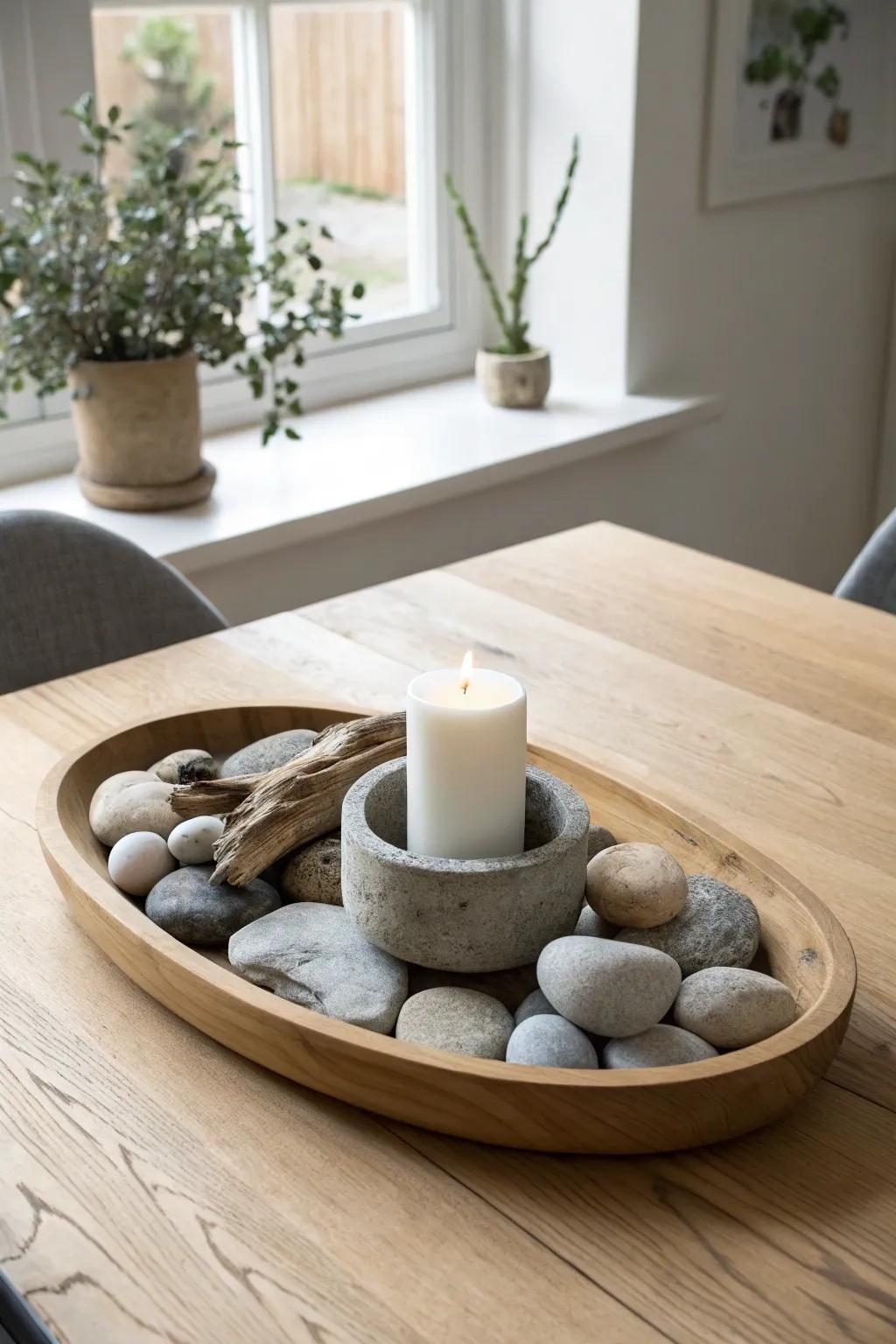 Zen dining table tray: driftwood, river rocks, and one candle for a calm, modern mood.