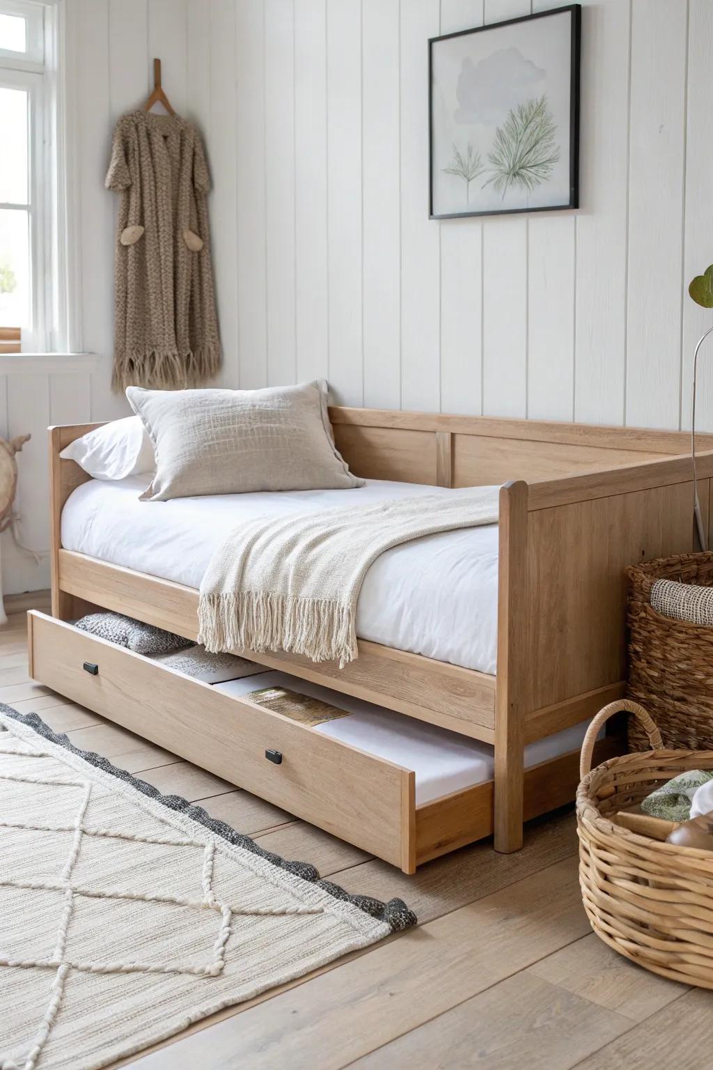 Build a sleek oak daybed with a trundle drawer—sofa by day, guest bed by night.