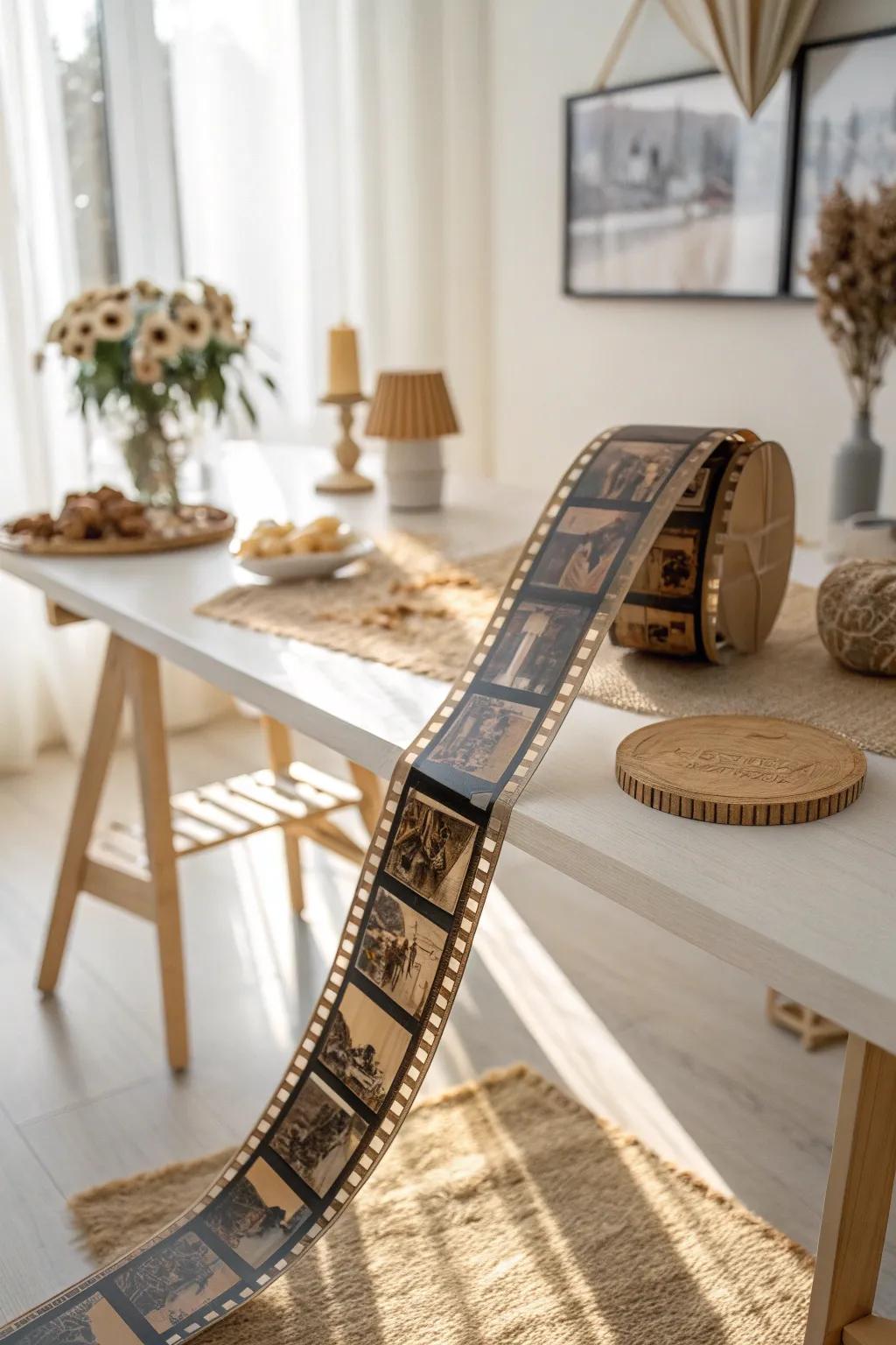 Add a touch of Hollywood glam with this DIY movie strip garland centerpiece, perfect for a minimalist setting.