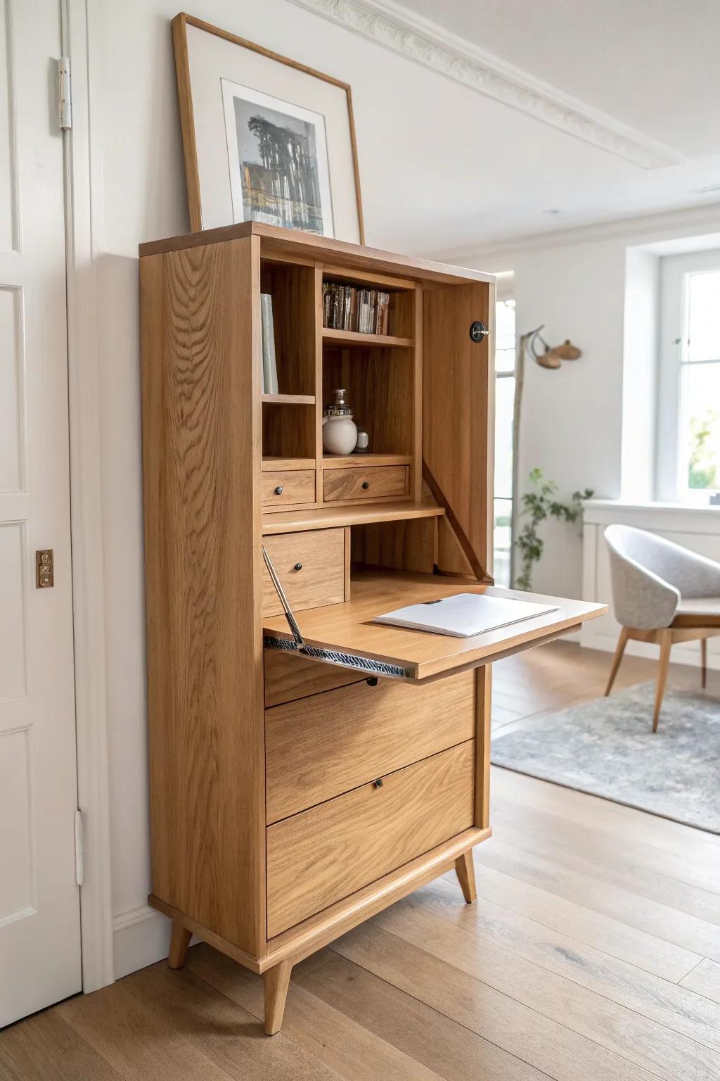 A mirror that flips into a hidden Murphy desk—light-bouncing, minimalist, and beautifully crafted.