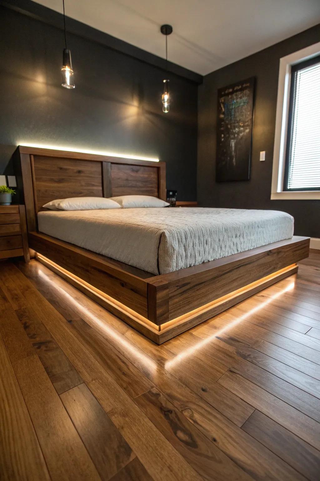 Illuminate your nights with this handcrafted platform bed featuring ambient LED lighting.