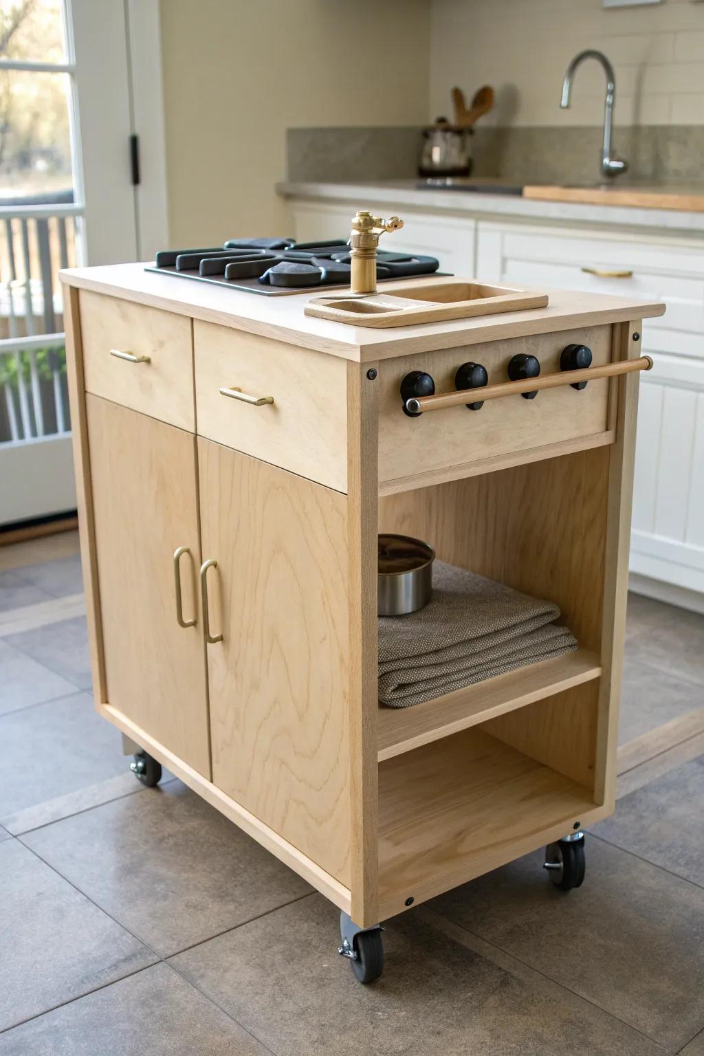 A tuck-away rolling play kitchen with towel bar + hooks—pretty, practical, and kid-approved.