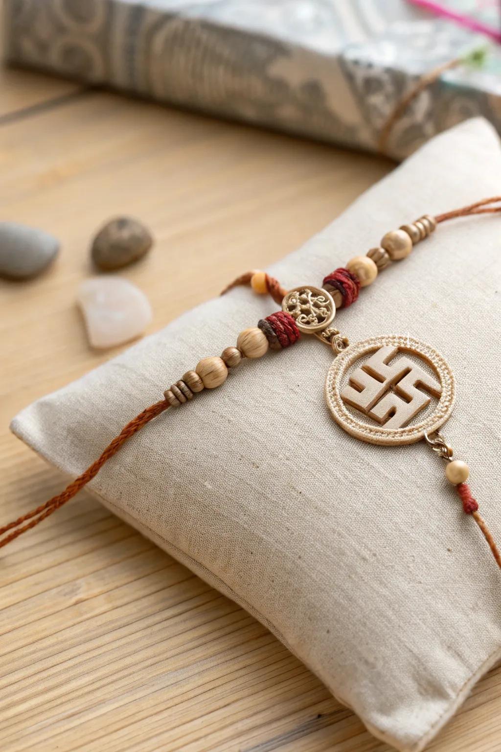 Celebrate tradition with minimalist beauty: A handcrafted swastik rakhi blending simplicity and cultural elegance.