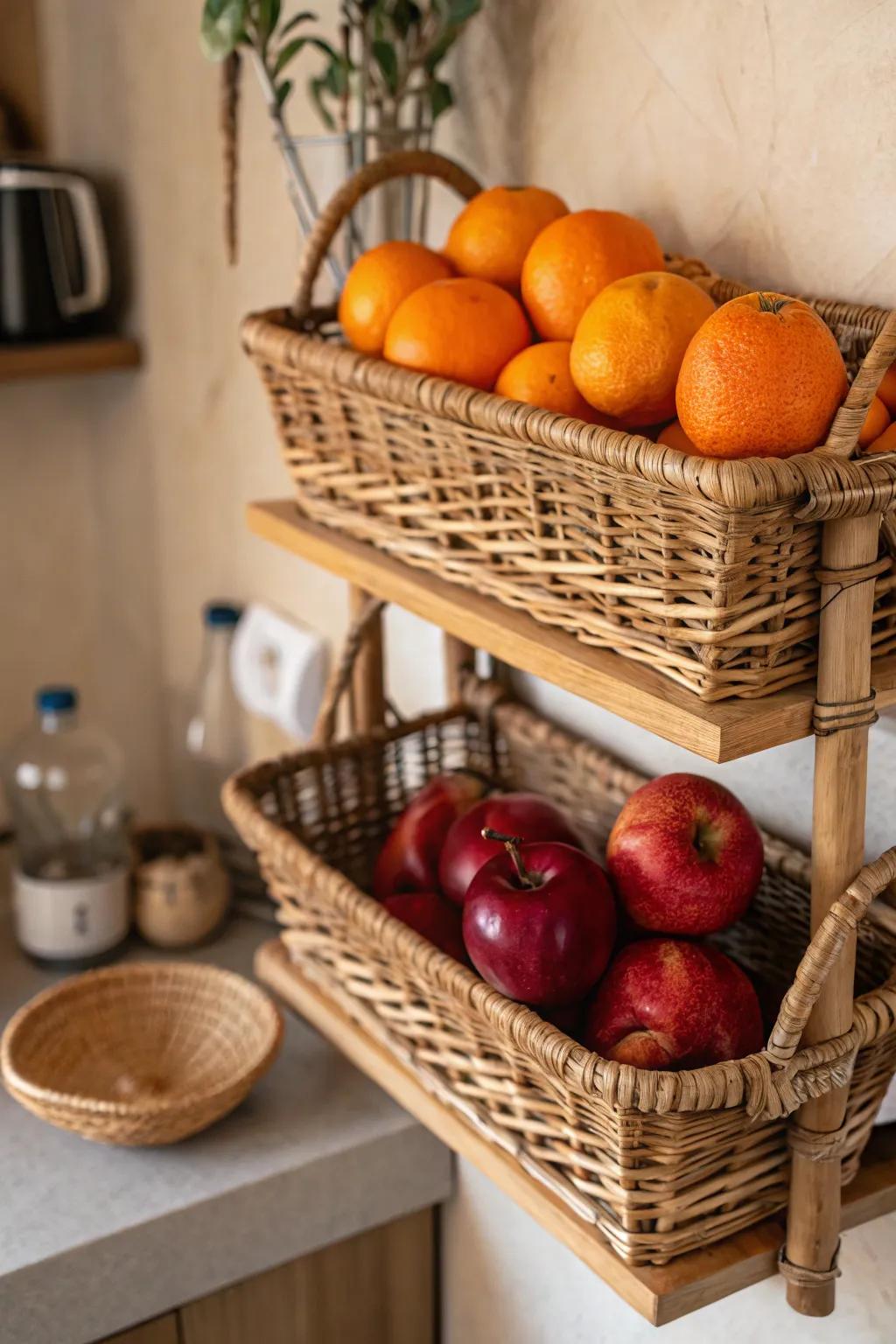 Elevate your kitchen storage with handcrafted basket wall shelves—where rustic charm meets functionality.