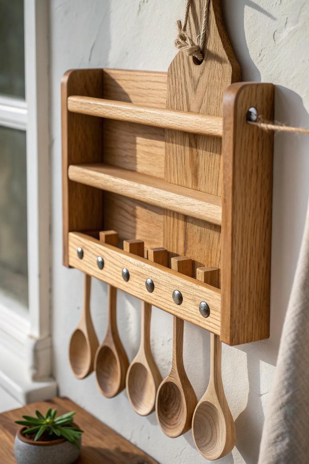 A minimalist oak spice rack with spoon pegs—small detail, big “mini prep zone” energy.
