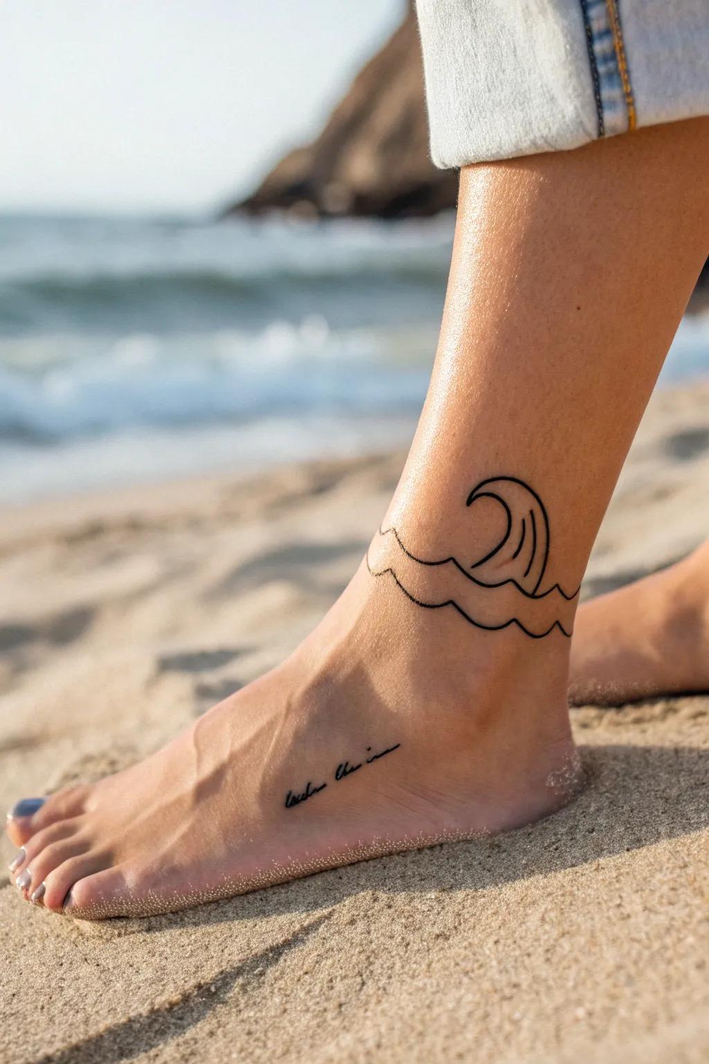Embrace the ocean's tranquility with a simple wave tattoo, a timeless reminder of summer days by the sea.