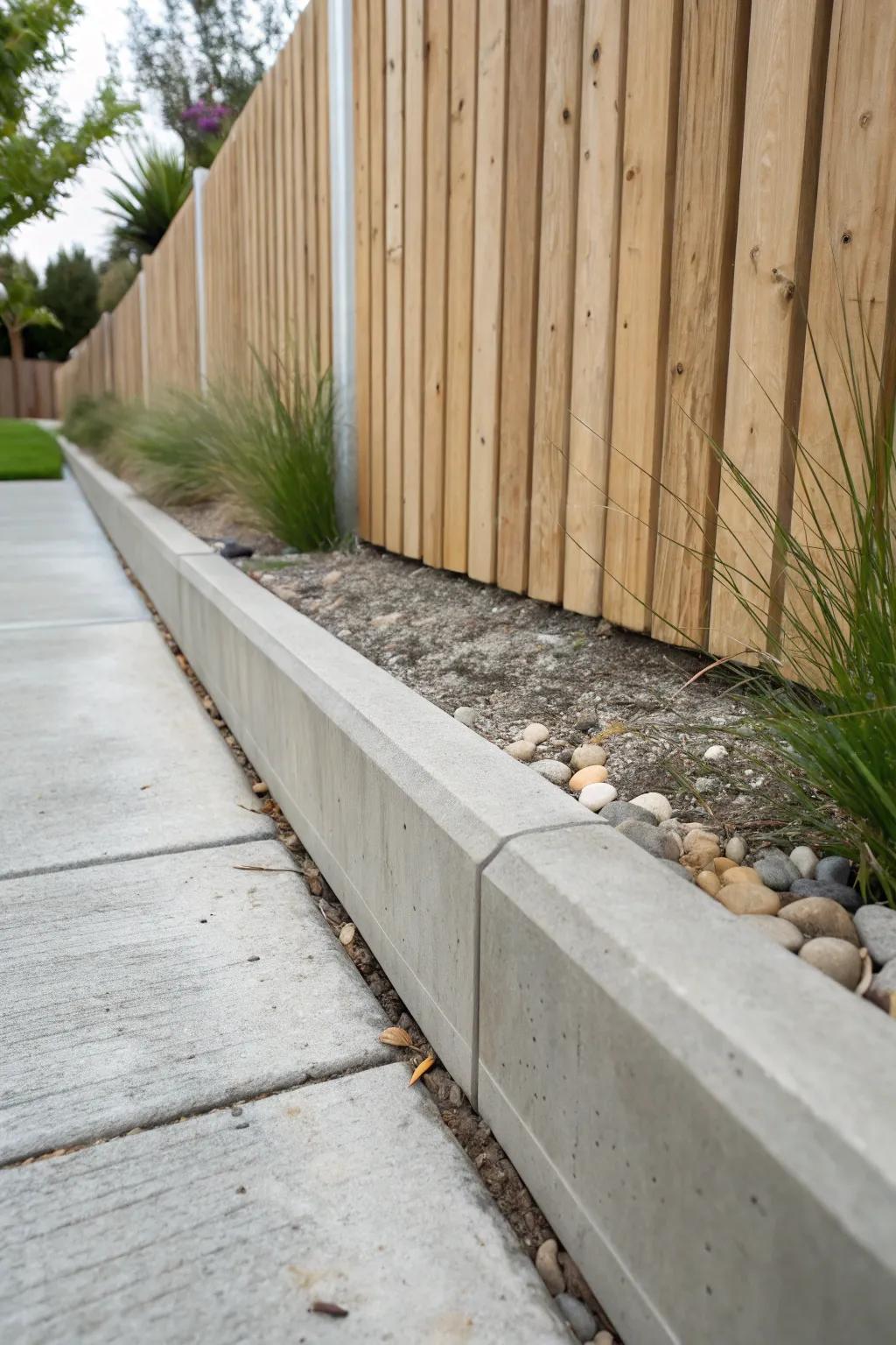 A sleek concrete mow strip stops fence-line digging and keeps the base clean and tidy.