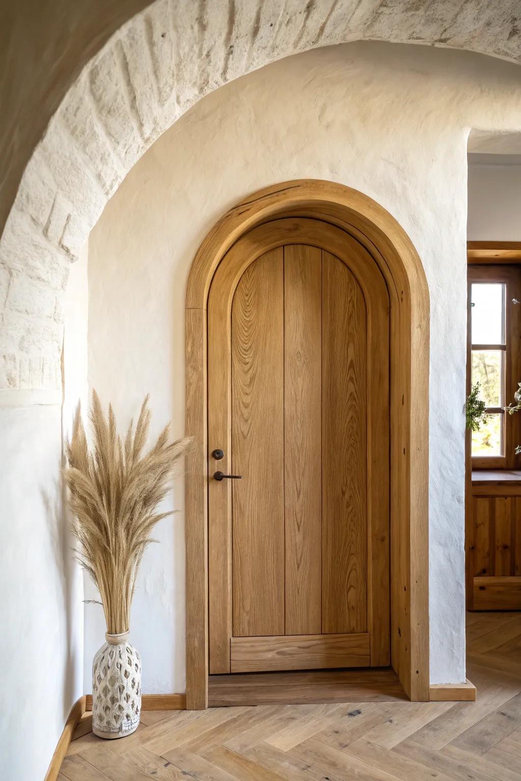 A clean square casing keeps an arched opening modern—letting the curve and wood grain shine.