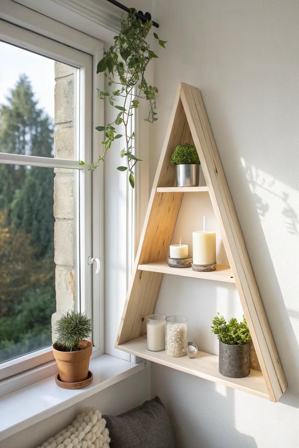 Triangle corner shelves turn a tiny dormer nook into calm, crafted storage.