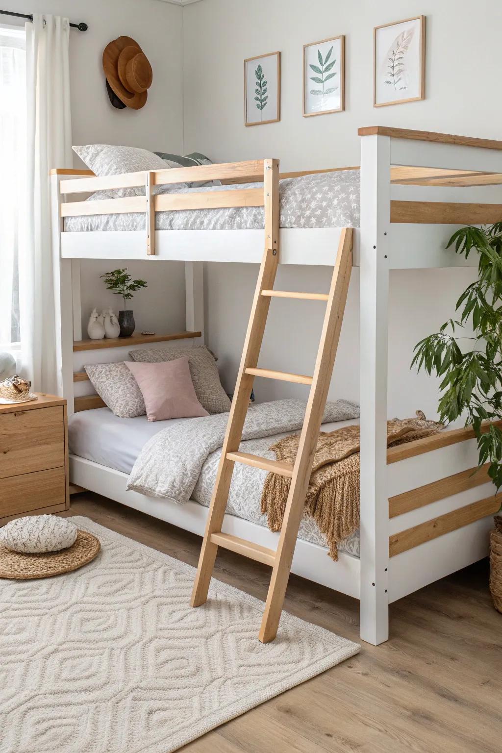 Two-tone double deck bed: matte painted frame + natural wood cap rail for warm, crisp contrast.