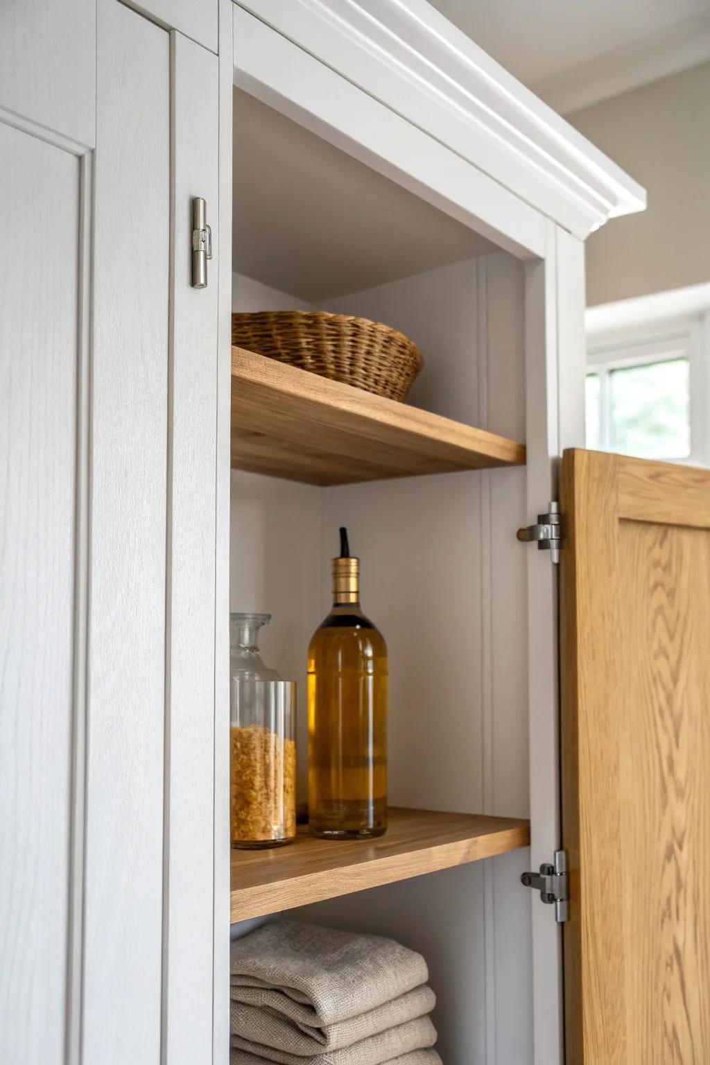 Upper shelf slope keeps tall bottles steady and easy to spot when pantry doors swing open.
