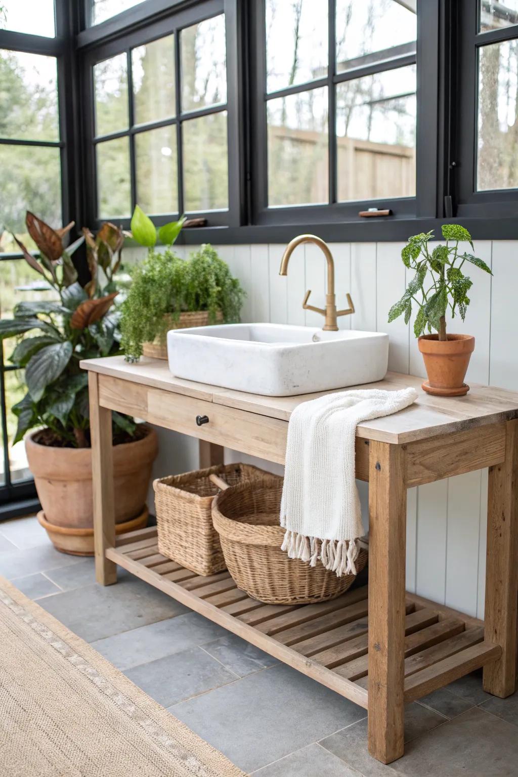Reclaimed-wood potting bench with sink—sunroom vibes for a bright double garage conversion.