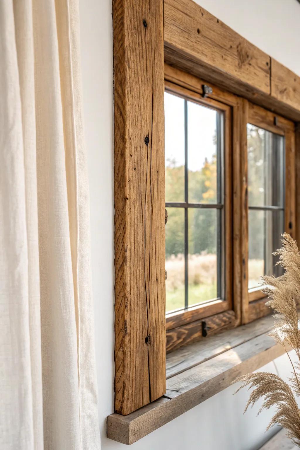 Reclaimed wood double window casing with knots and nail holes—sealed, warm, and full of story.